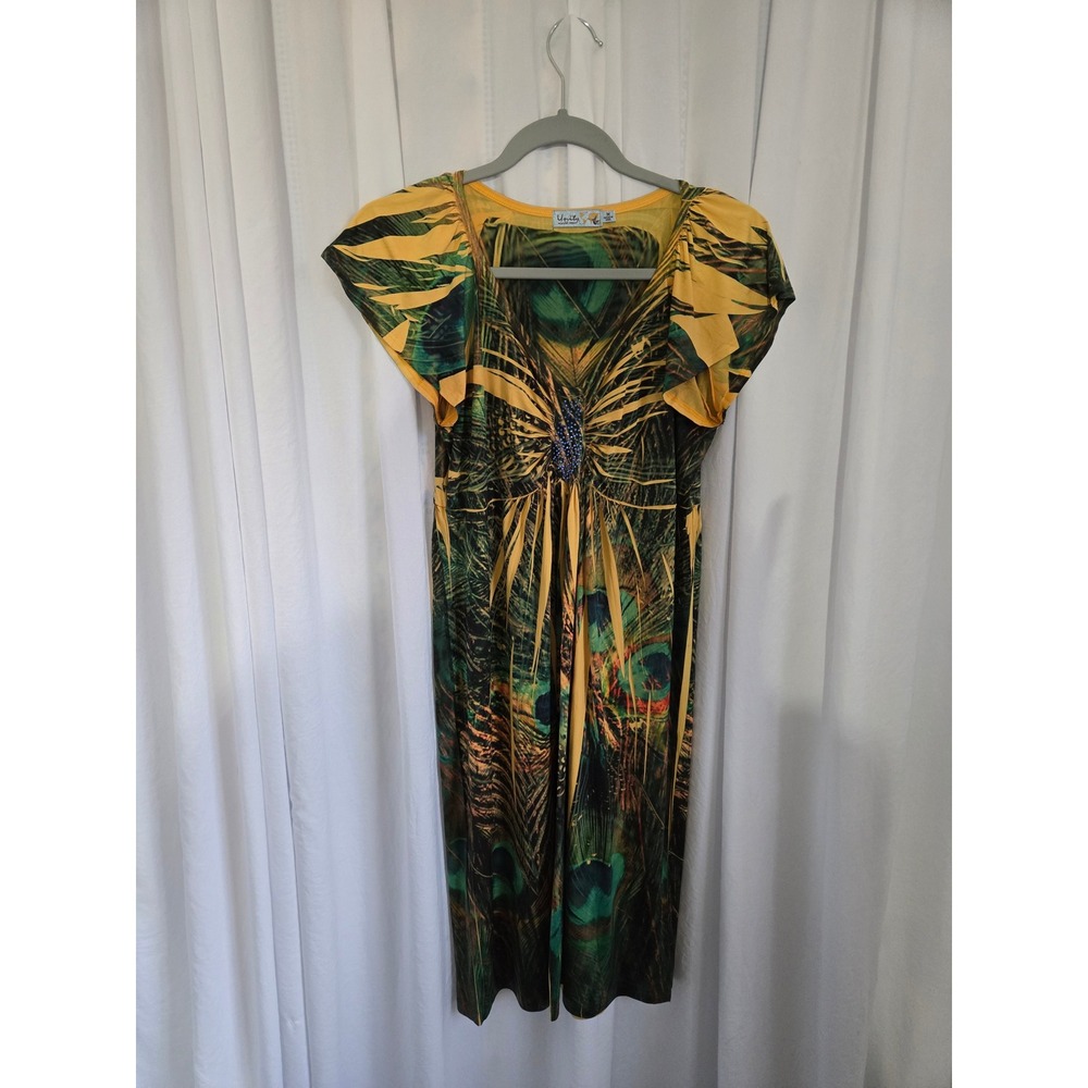 Unity World Wear Green Yellow Peacock Floral Flutter Sleeve Dress Fairycore M